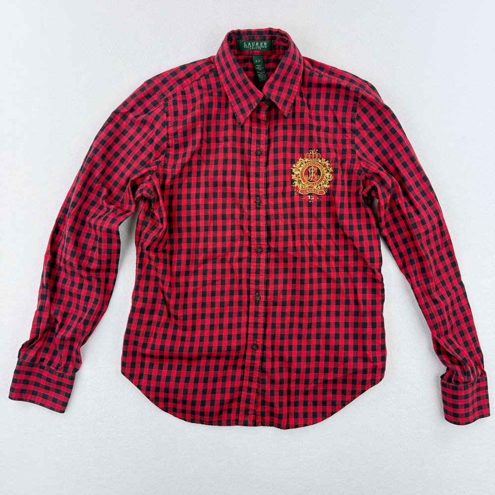 LAUREN RALPH LAUREN Red Buffalo Check Plaid Embroidered Crest RL Size S / P
